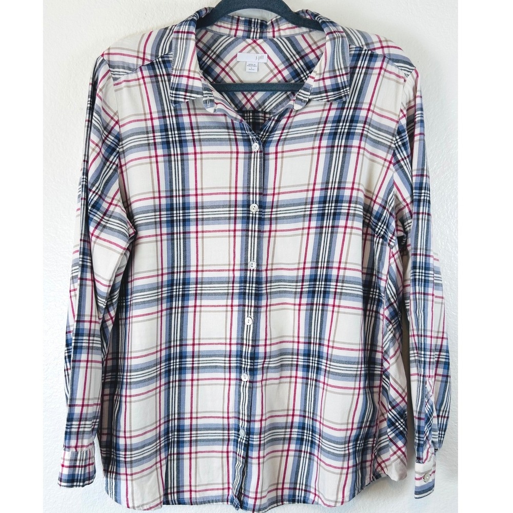 J. Jill Plaid Fall Gorpcore Outdoor Button Down Shirt Blue 100% Cotton SZ LP
